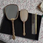 Vintage Ornate Gold-tone Floral Vanity Set Mirror Brush Comb W  Black Case