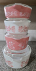 Vintage Pyrex Pink Gooseberry Casserole Dishes W lids 471  472  473  474-b 