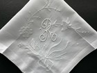 A  Vintage White Cotton Hankie Madeira Hand Embroidered Monogram R Wedding Nwt