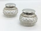 Pair Of Solid Silver Topped Glass Pill   Rouge Pots - Small Dressing Table Jars