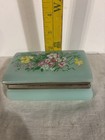 Vintage Vanity Aqua Plastic Metal Hinged Trinket Box Painted Flowers Hong Kong