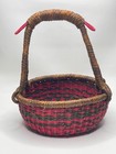 African Bolga Basket Small 9 In Diameter Woven Market  12 In Handle Red Brown