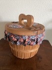Vintage Fabric Lined Bushel Sewing Basket Flip Top With Heart Shaped Handle