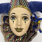 Porcelain Jester Face Mask Wall Hanging Blue Gold Bells Mardi Gras Decor