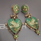 Vintage Peace Dove Earrings Heart Green Enamel Unique Retro Dangle Drops