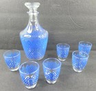 Liquor Cordial France  1  Lidded Decanter  6  Shot Glass Set Vintage Blue Clear