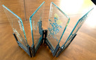 Vintage 4 Panel Asian Etched Glass Table Screen Birds Floral Wood Frame 13 5   