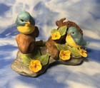 Signed Vintage Hand Painted Ceramic Blue Birds Figurine W  Nest   Flowers Rguc
