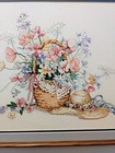 Completed Cross Stitch Custom Framed Flower Basket Straw Hat Lovely Matted