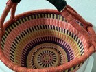 African Bolga Market Basket With Leather Handle Pinks  Reds  Purple 17   