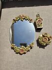 Vintage 3-piece Vanity Set - Heavily Jeweled Enameled Satin Gold Finish Floral D