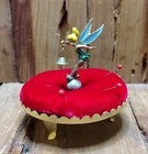 Vtg 1960s Tinkerbell Pincushion W pins Original Container Enamel Golden Figurine