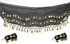 Black Shawl Belly Dance Hip Skirt Ethnic Sheer Scarf Wrap Coins Middle Eastern