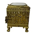 Antique Ornate Gold Plated Metal Jewelry Casket Box Floral Glass Top Footed Vtg