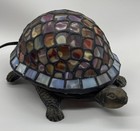 Vintage Brass Bronze Tiffany Style Turtle Accent Lamp Night Light Stained Glass