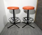 Vintage Pair Of Mid Century Modern Retro Atomic Orange Vinyl Swivel Bar Stools