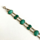 Vintage Green Glass Cabochon Gold Tone Double Row Chain Link Bracelet 7 25 