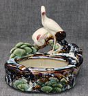 Vintage Chinese Glazed Pottery Ashtray Brush Bowl  Cranes Lotus 5 5  Tall Repair