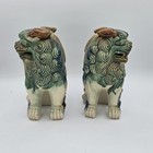 2 Vintage Glazed Ceramic Chinese Foo Dogs Guardian Lions 8     Tall Pair Set