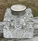 Large Antique Cut Glass Inkwell With English Sterling Silver Lid     Circa 1850
