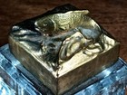 Antique Pair Of Square Molded Glass Inkwells With Cast Brass bronze Fish Motif L