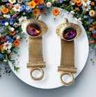 Vintage Goldtone Watermelon Rhinestone Crystals Mesh Oval Eye Cufflinks 