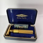 Gillette Gold Tech Razor Set W  Case   3 Vintage Blades     Barbershop Collectible