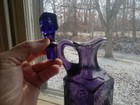 Antique Amethyst Glass Sunburst Pattern Big Square Cruet With Original Stopper