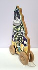 Large Wood Magical Harlequin Cat On Wheels Bizarre D  cor Pull Toy 14 25  Tall