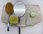 Vtg Pereline Vanity Set In Satin Case  Brush Comb Mirror 2 Glass Jars Cuticle Pc
