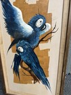 Vintage Mid Century Modern Tropical Blue Macaw Parrots Original Painting Framed 