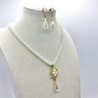 Filigree Gold Tone Simulated Drop Pearl Pendant Necklace Dangle Earrings Set