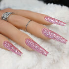 Skinny Long Coffin  pink Glitter  Full Cover 24 Nail Tips Press On Glue Set 