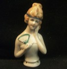 Vintage Porcelain Half Doll Pin Cushion Lady With Ribbon And Fan Made In Germany