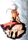 Vintage Celluloid Can Can Toy Doll 5  Tall Frilly Dress Black Legs Feather Hat