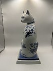 Vintage Blue White Porcelain Siamese Cat Figurine Thailand Floral 11   
