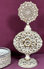 2pc  Vtg Painted Brass Ormolu Filigree 7 5  Perfume Bottle W glass Dauber   Dish
