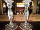 Vintage Clear Etched Glass Octagonal Base Candle Holders Set Of 2 Elegant Design