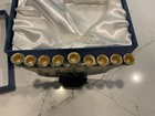 Vintage Holy Land Metal Gold Blue Enamel Chanookyah Menorah 2 Sided 