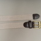 Mens Cotton Woven Belt Sz M L Beige W  Brown Leather Trim Brass Buckle