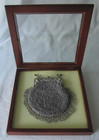 Antique Steel Micro Beaded Fringe Purse Floral Cherubs Frame Glass Wood Case