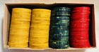 Vintage Box Of 102 Catalin bakelite Swirl Poker Chips Green  Red  Butterscotch