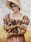 1892 Beauties Antique Art Print Victorian Woman Holding 3 Puppies Lithograph