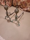 Antique Brass   Iron Fireplace Andirons Pair  Urn Finials 3-leg Colonial Federal