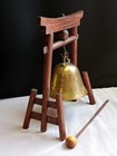 Vintage Meditation Temple Gong Brass Bell Wooden Pagoda Gate Stand   Mallet