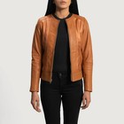 Women s Tan Leather Moto Jacket Collarless Biker Coat Quilted Sleeves Brown
