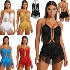 Us Womens Belly Latin Dance Fringed Dress Sequin Tassels Backless Shiny Jumpsuit