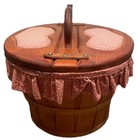 Vtg Sewing Basket-double Leather Hinged Lid Wood Heart Cutout Countrycore