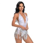 Womens Bling Dance Costumes Halter Glitter Tassel Sequin Bikini Dress Jumpsuit