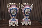 Antique Pair French Vieux Paris Hand Paint Porcelain Vases Floral Rare 19thc